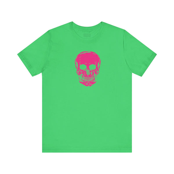 Green unisex short sleeve tee with vibrant pink skull graphic on front by Sandra Oles