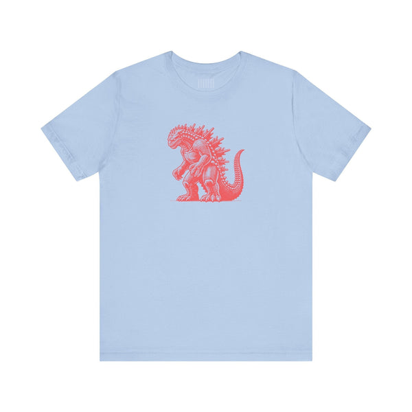 Light blue t shirt with red Godzilla-inspired kaiju graphic on front, crew neckline, made from 100% combed cotton.