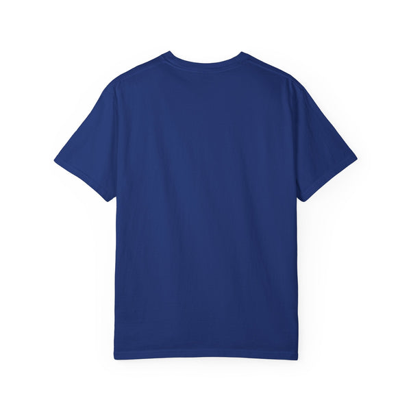 Back view of a blue unisex religious graphic tee with plain design