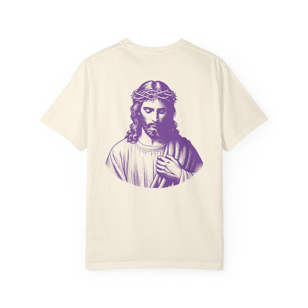 Yellow tee with a large purple Jesus graphic on the back and a small purple Jesus graphic on the front left chest.