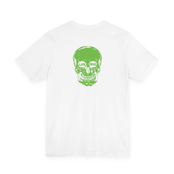 White streetwear t-shirt with bold green skull graphic and "Live Free" text on the back