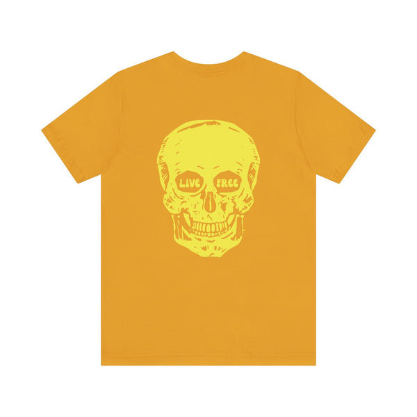 Indie style yellow tee with jumbo skull back print and "LIVE FREE" lettering in skull eyes