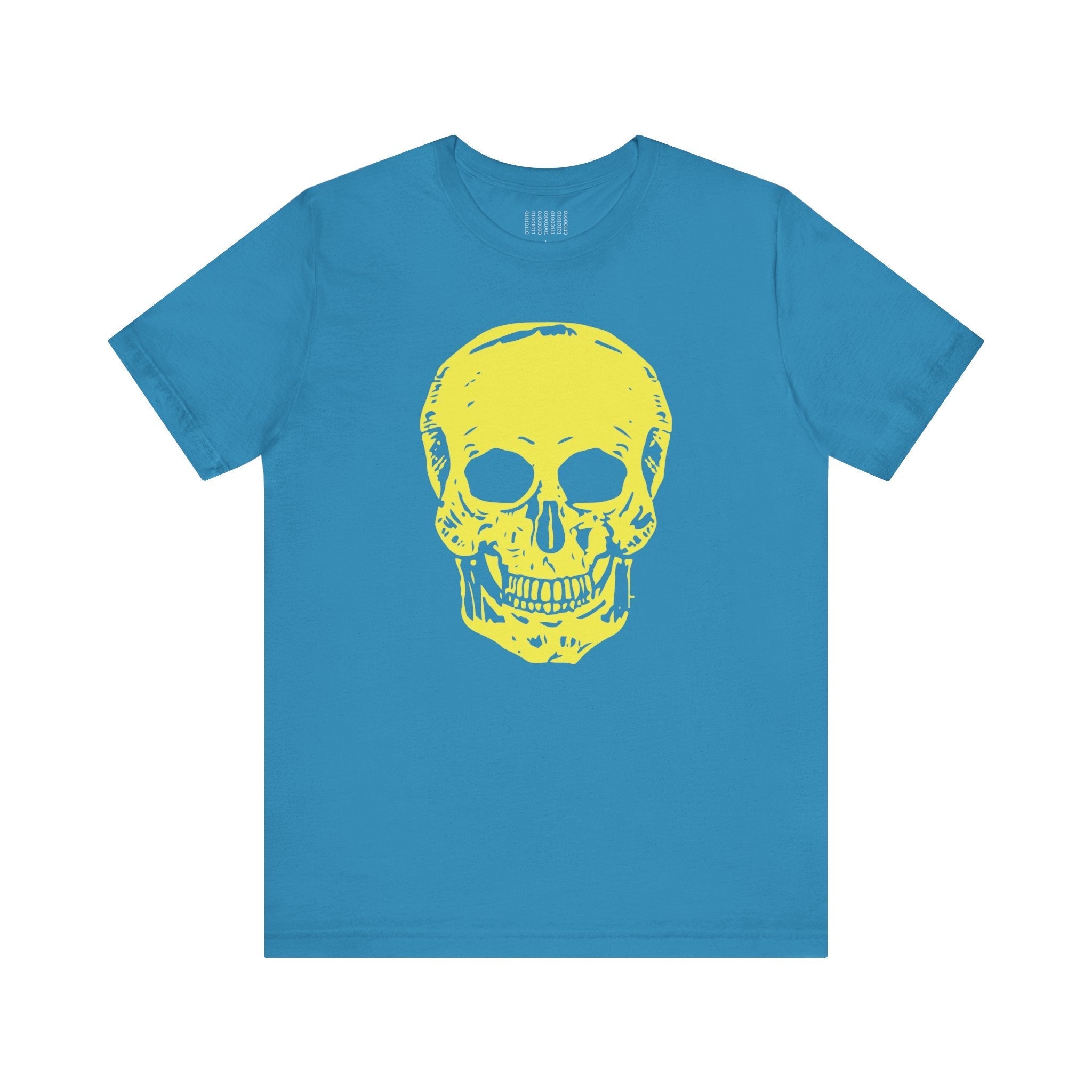 Blue graphic tee with bright yellow large skull print on front