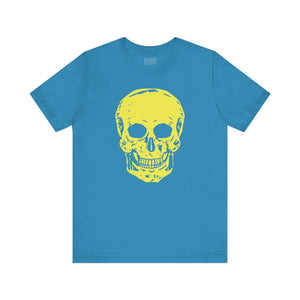 Blue graphic tee with bright yellow large skull print on front