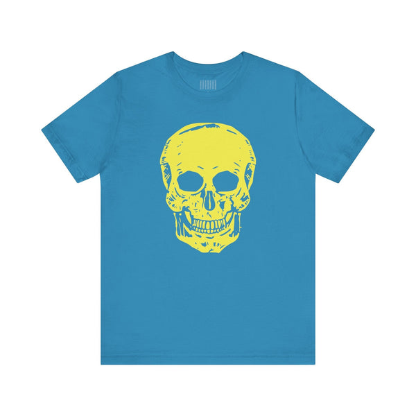 Blue graphic tee with bright yellow large skull print on front