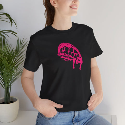 Black tee with pink vampire fang graphic, lightweight cotton, casual gothic fashion style