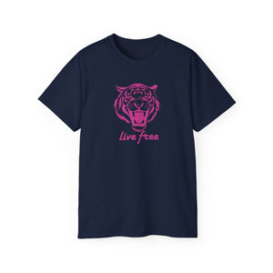 Navy tee with neon pink roaring tiger head graphic and "live free" text