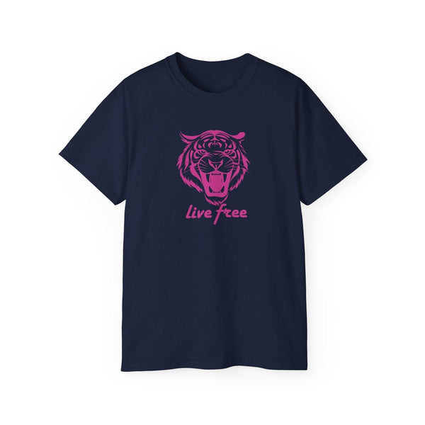 Navy tee with neon pink roaring tiger head graphic and "live free" text