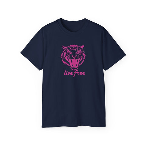 Navy tee with neon pink roaring tiger head graphic and "live free" text
