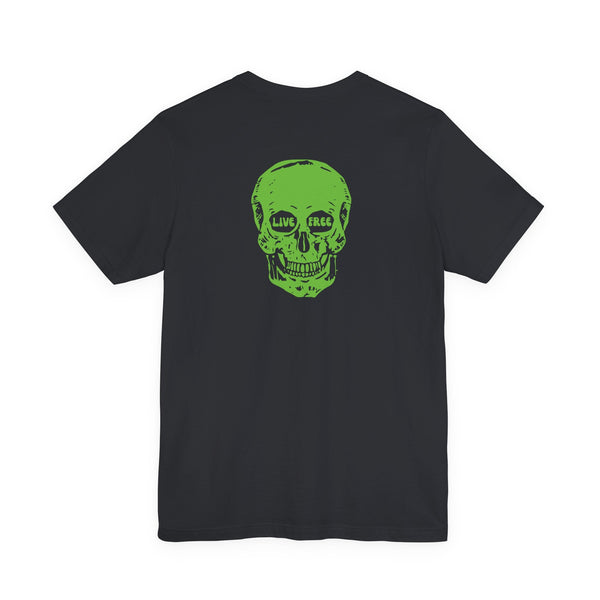 Black streetwear t-shirt with bold green skull graphic and "Live Free" text on the back