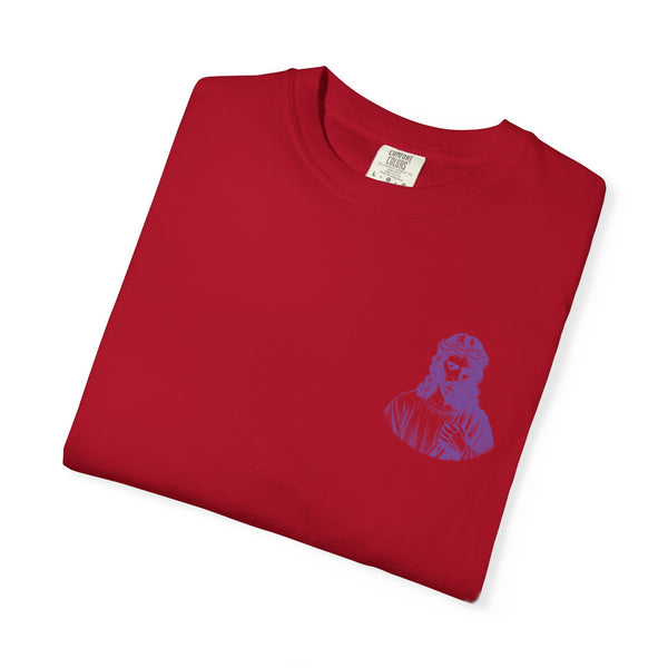 Purple Jumbo Jesus Back Print Tee with Purple Mini Jesus Front Left Graphic Tee - Iconic by Sandra Oles