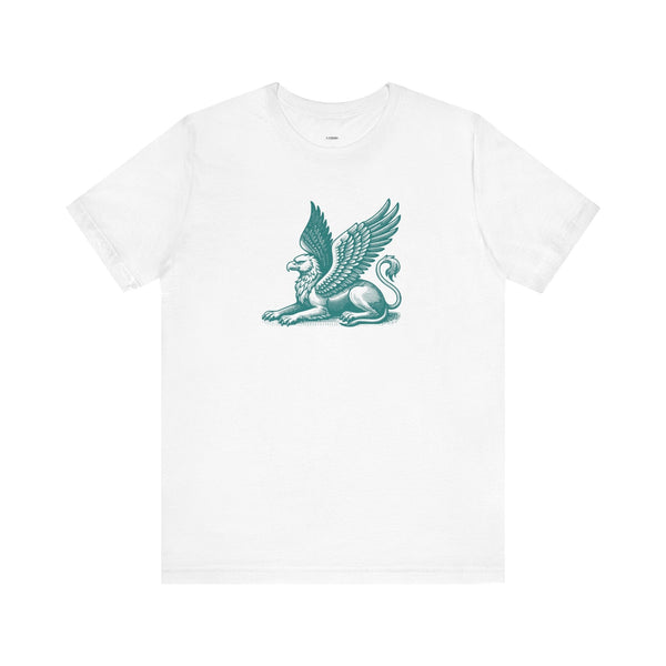 White t shirt featuring a detailed teal gryphon graphic combining lion and eagle elements.