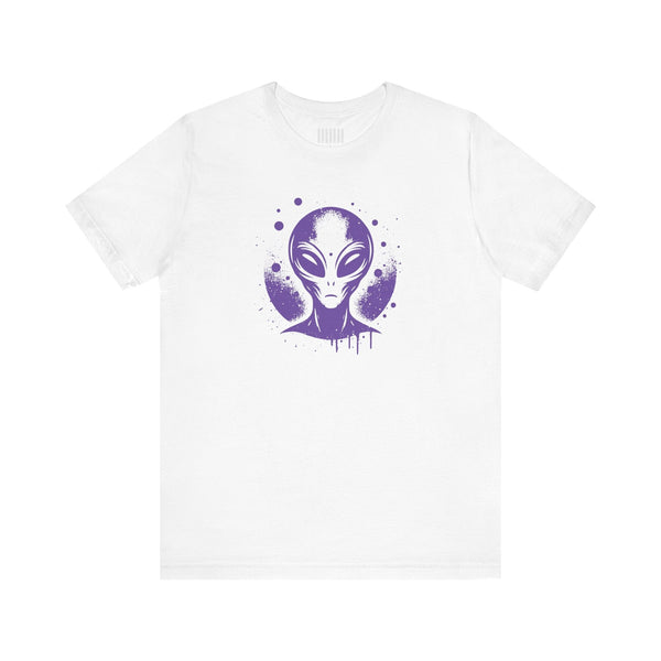 White streetwear alien t-shirt featuring a purple spray-paint style ET graphic in the center.