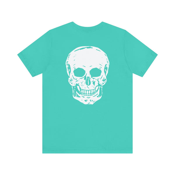 Turquoise skull graphic t-shirt with jumbo white skull print on the back.