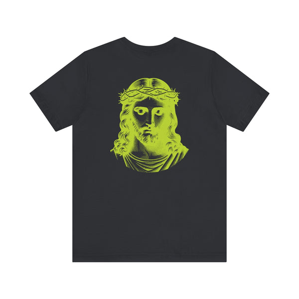 Black tee with lime green jumbo Jesus back print and small front Jesus graphic