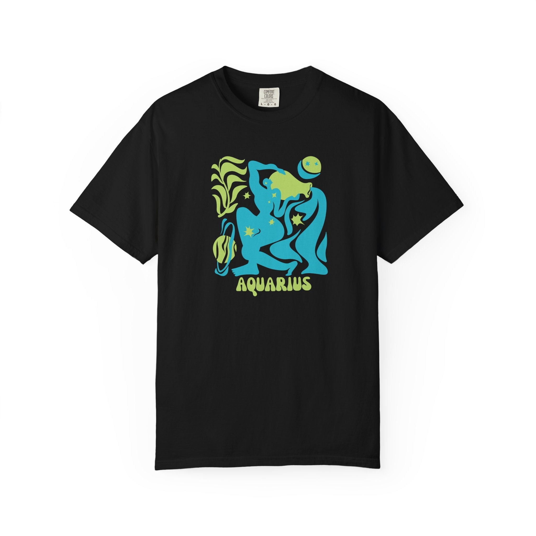 Black Aquarius zodiac graphic tee with vibrant aqua blue and green celestial water-bearer design