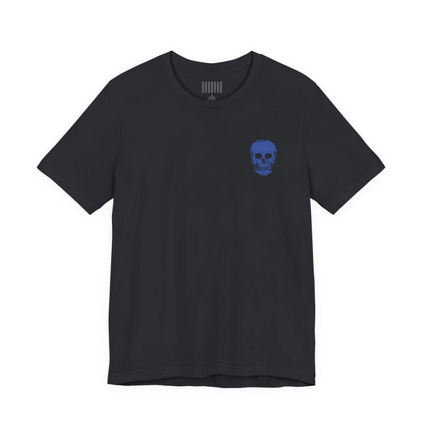 Black graphic tee shirt with blue mini skull on front left and large blue skull back print by Fugitive