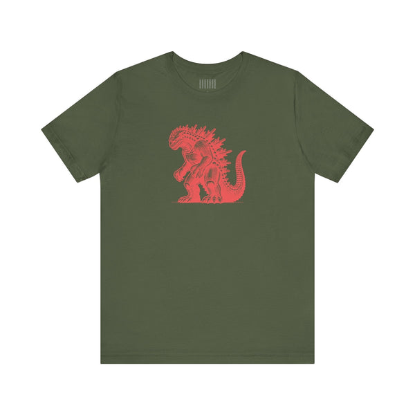 green t-shirt with red Godzilla kaiju monster graphic on front
