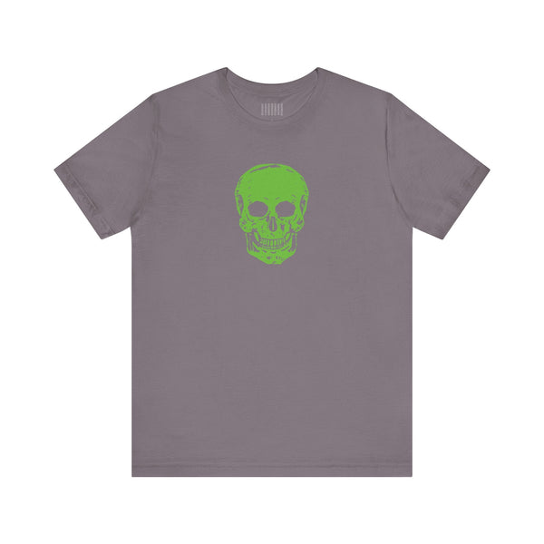 Gray t-shirt with bold green skull graphic on front, 100% cotton streetwear tee.
