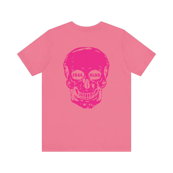 Pink statement streetwear tee with bold free mind jumbo skull graphic on back