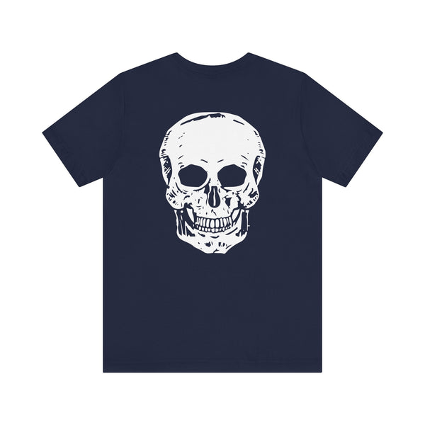 Navy graphic tee with large white skull back print and small white skull front print