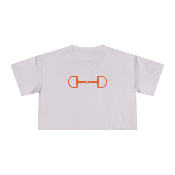 White cropped top with orange horsebit graphic, equestrian style tee for riders and horse lovers