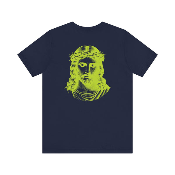 Navy tee with lime green jumbo Jesus portrait print on back and small lime green Jesus graphic on front left side, premium cotton unisex fit.