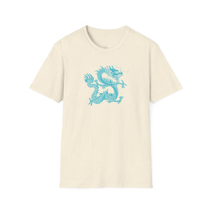 white unisex t-shirt with electric blue turquoise dragon graphic on front dragon t shirt