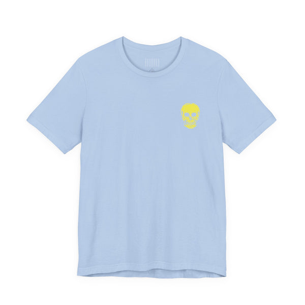 Light blue tee with small yellow skull print on chest, bold underground style streetwear shirt