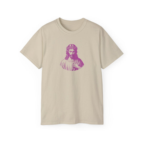 Beige Jesus T-shirt with mid-scale magenta graphic print by Sandra Oles, sustainable cotton, ribbed collar, and casual fit