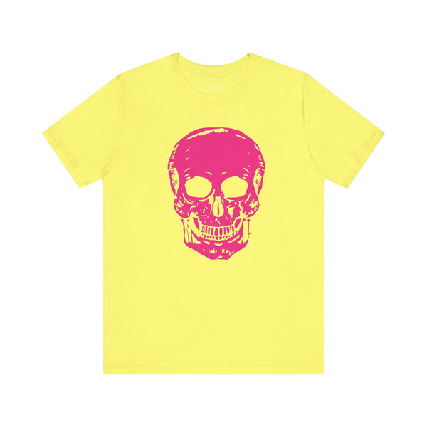 yellow edgy t shirt with large neon pink skull graphic on front, unisex cotton tee