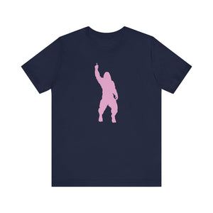 Navy blue bigfoot t shirt with a cheeky pink Sasquatch silhouette graphic in mid-strut pose