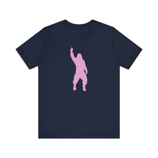 Navy blue bigfoot t shirt with a cheeky pink Sasquatch silhouette graphic in mid-strut pose