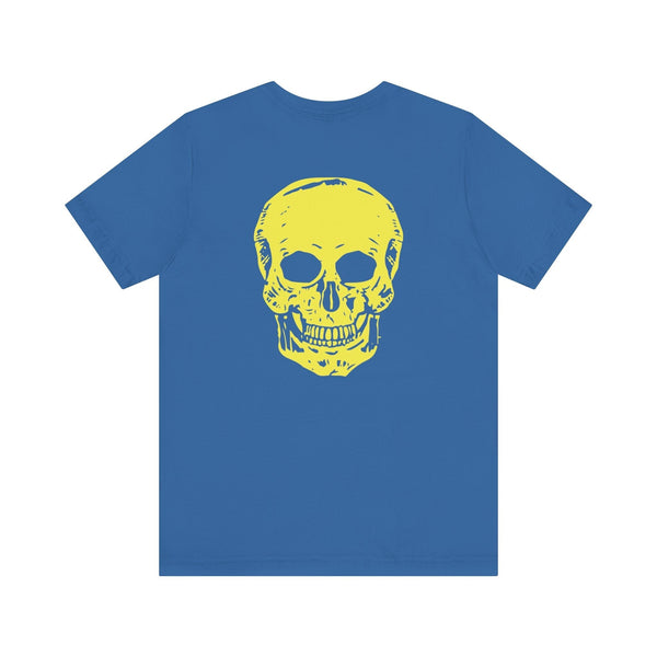 Blue underground style t-shirt with a large yellow skull graphic on the back