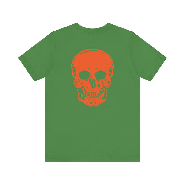 Orange Jumbo Skull Back Print featuring a Mini Orange Skull left Front Graphic Tee