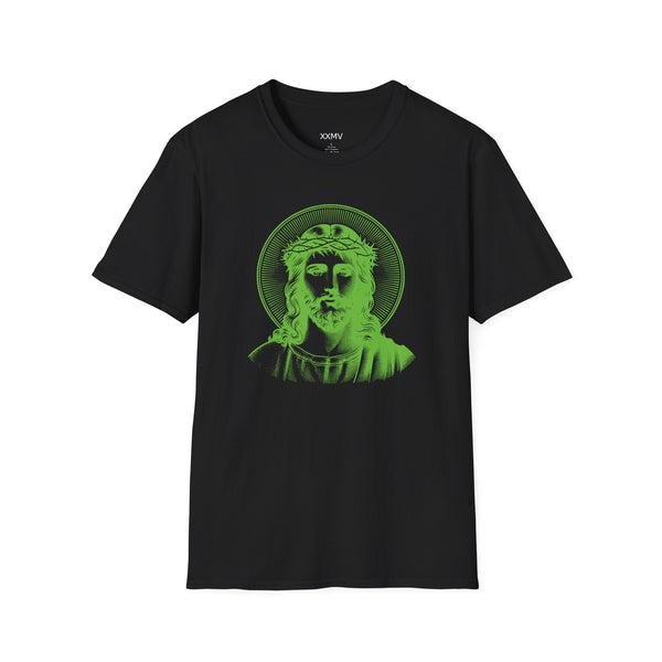 Black t-shirt with green halo Jesus graphic print, unisex spiritual shirt design