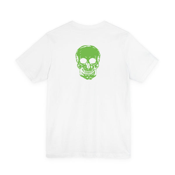 White designer t-shirt with bold green skull print on the back, premium cotton streetwear tee.