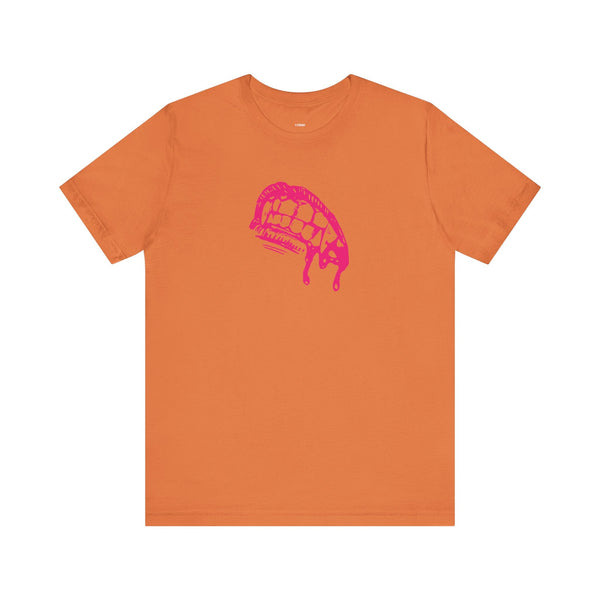 Orange vampire t shirt with bold pink dripping fangs graphic for edgy streetwear style