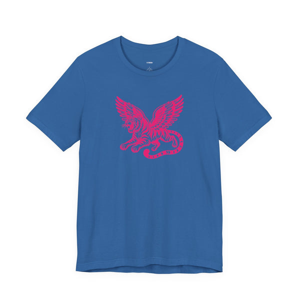 Blue mythical t shirt featuring a bold red winged lion graphic for streetwear style