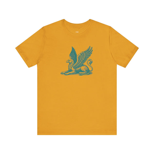 Mustard yellow t shirt with green gryphon mythical winged beast graphic on chest