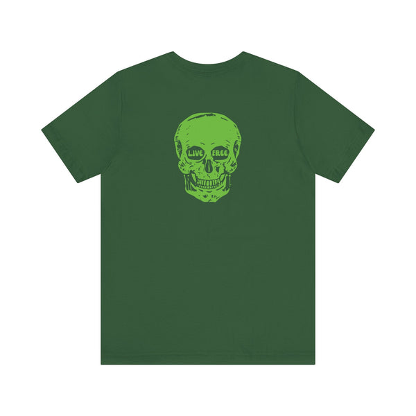 green skull print t-shirt with live free graphic on back