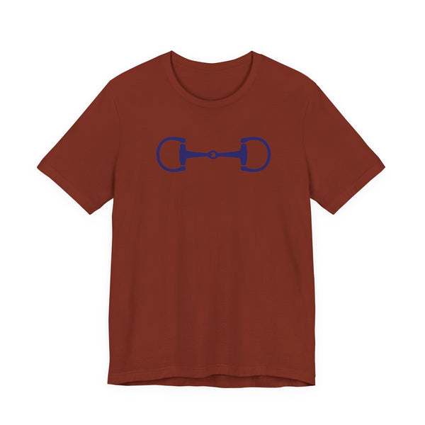 Navy blue horse bit graphic on a rust stylish equestrian blue short-sleeve cotton t-shirt with ribbed collar