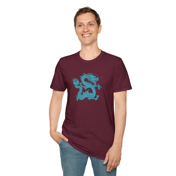 man wearing maroon dragon t shirt with turquoise dragon graphic on front smiling