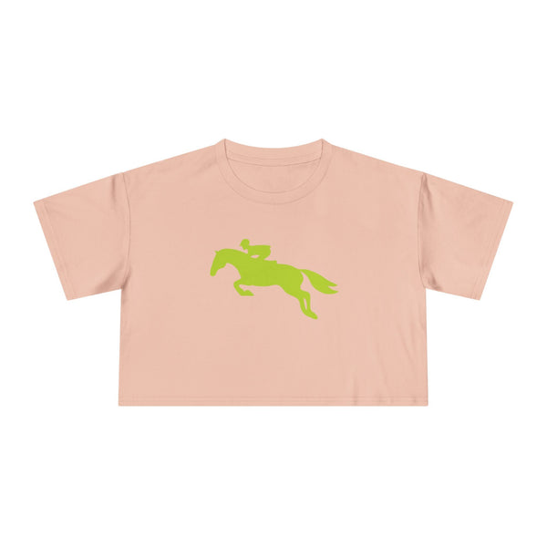 Hunter jumper cropped t shirt in soft pink with green horse and rider graphic, lightweight cotton for equestrian style and comfort.