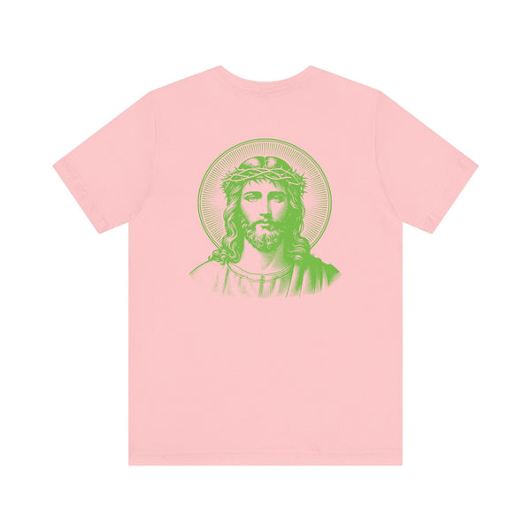 Pink unisex t-shirt with large green halo Jesus graphic on back and small green Jesus print on front left chest Jesus graphic tee