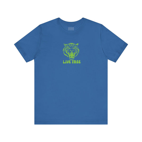 Blue unisex mid-scale jersey tee with green roaring tiger graphic and "Live Free" text, breathable cotton streetwear