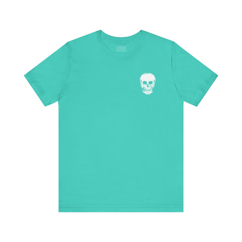 Turquoise graphic t shirt with small white skull print on left chest, short sleeve, casual design