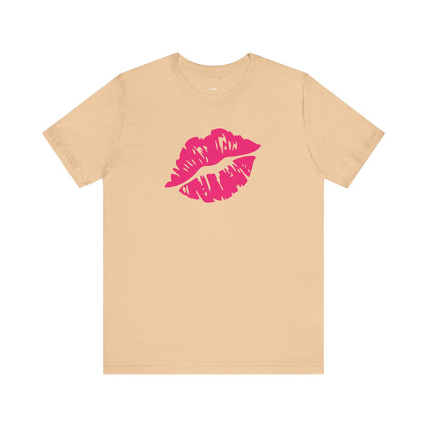 Beige unisex t-shirt with bold hot pink lip print graphic on front