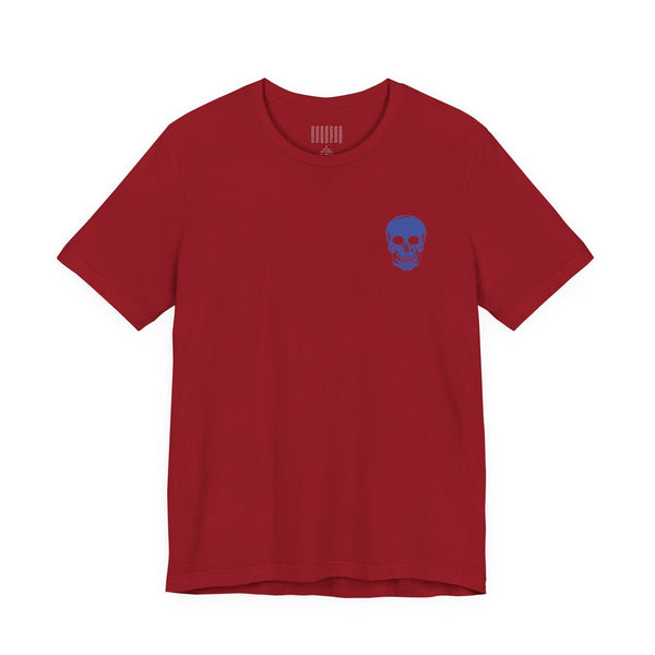 Red graphic tee shirt with small blue skull front left and large blue skull back print design