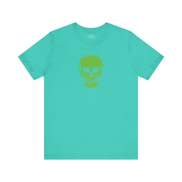 Turquoise skull streetwear t-shirt with bold green skull graphic front design.